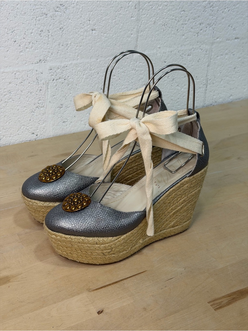 Metallic Silver Espadrille Wedge Sandals with Cream Ribbon Tie